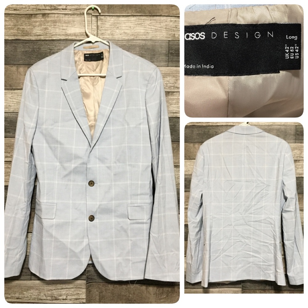 Asos Design Blazer Jacket Men’s 42 Long Light Blue 2 Button Polyester Blend